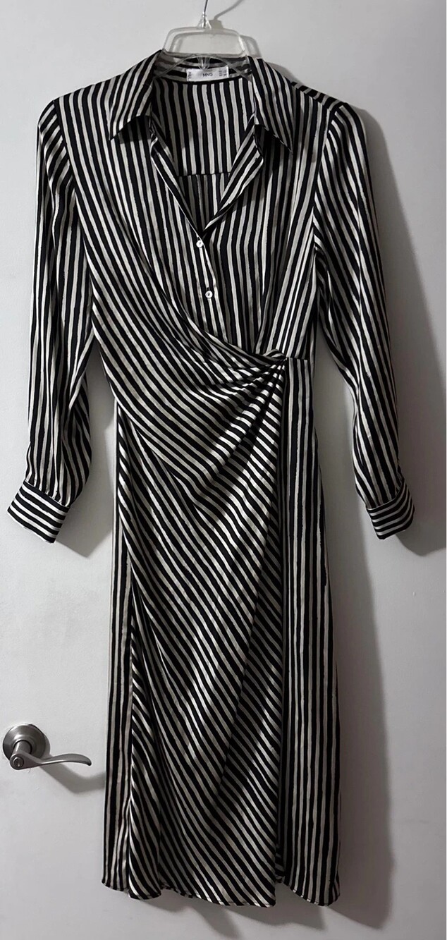 Mango MNG Striped Satin Wrap Midi Shirt Dress Size 4
